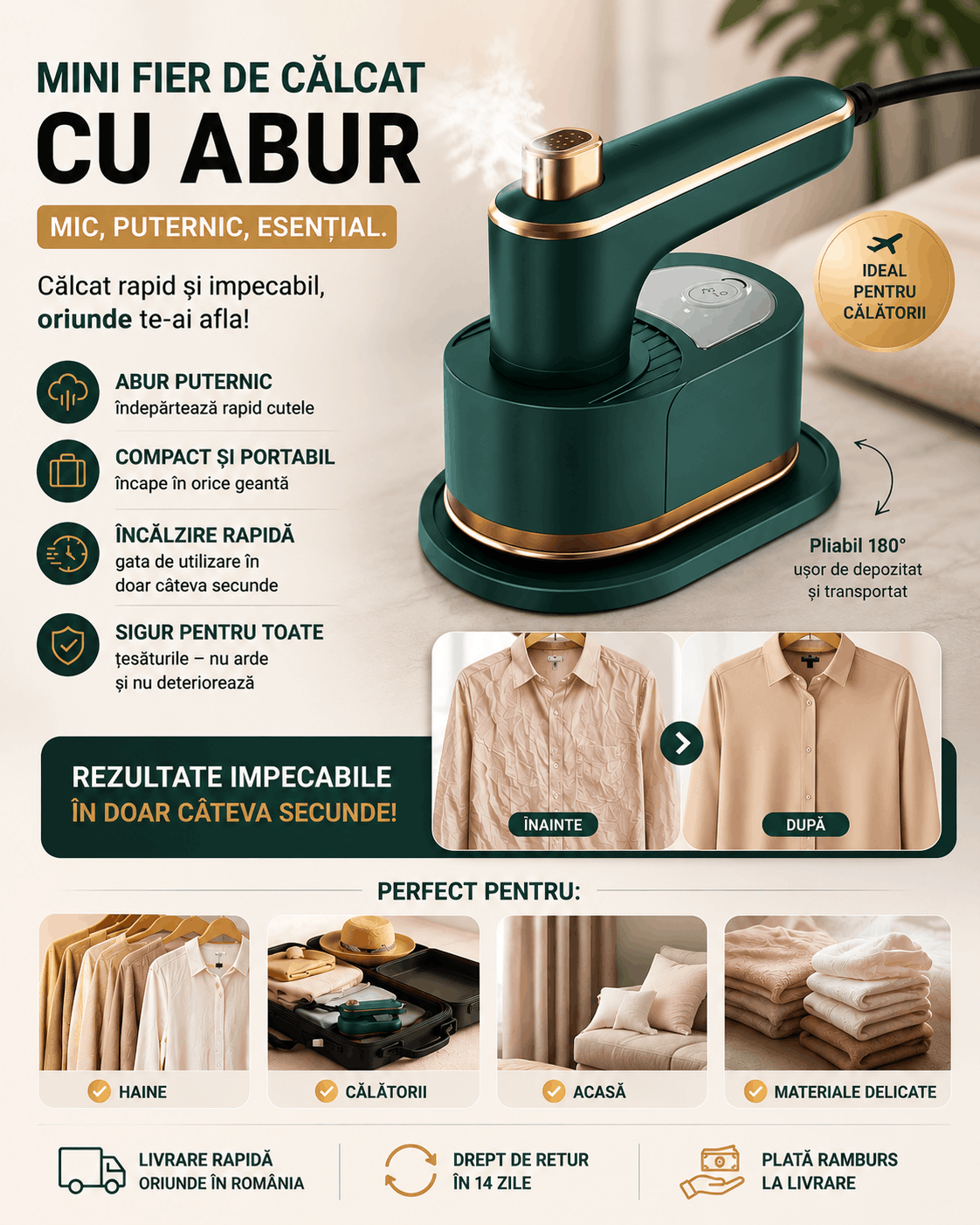 Fier de Calcat Vertical Portabil cu Abur - Mini Steamer pentru Calatorii si Casa